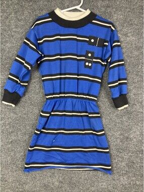 Florence Eiseman Girls Size 5 Royal Blue Striped L/S Domino Dress Vintage 80s